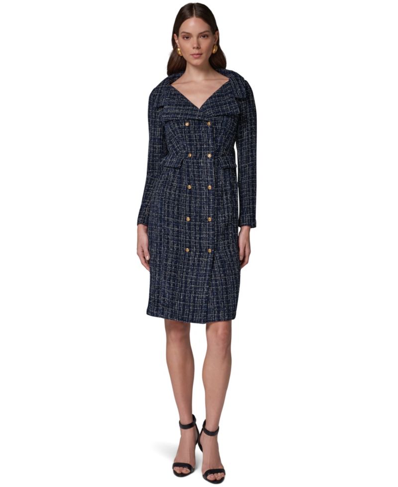 Women's Long-Sleeve Tweed Double-Breasted Jacket Dress