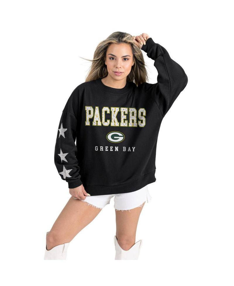Women's Black Green Bay Packers Velocity Relaxed Rhinestone Pullover Sweatshirt