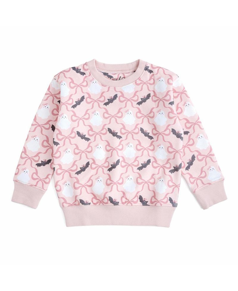 Little Girls ( 5 to 8 ) Bat And Ghost Trellis Halloween Sweatshirt