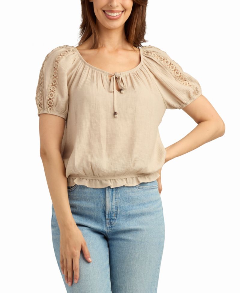 Women's Texture Gauze Peasant Scoop Neck Top