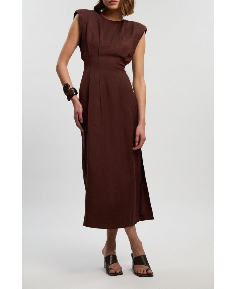 Women's Linen Blend Pintuck Midi Dress