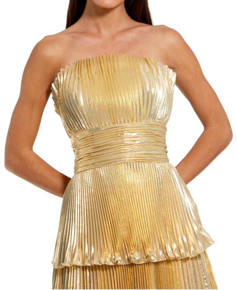 Women's Strapless Pleated Metallic Layered High Low Gown