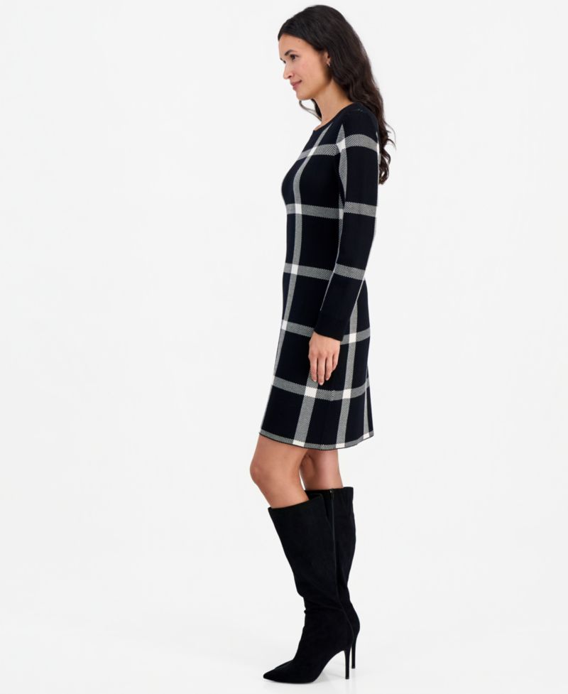 Petite Plaid Long-Sleeve Scoop Neck Sweater Dress