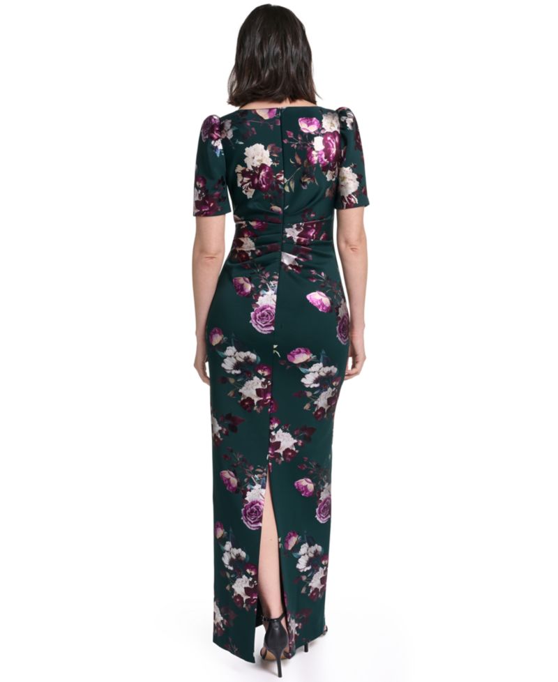 Petite Floral Boat Neck Elbow-Sleeve Gown