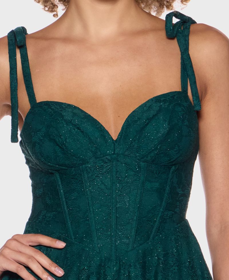 Juniors' Sweetheart Neck Glitter Lace Corset Bodice Dress