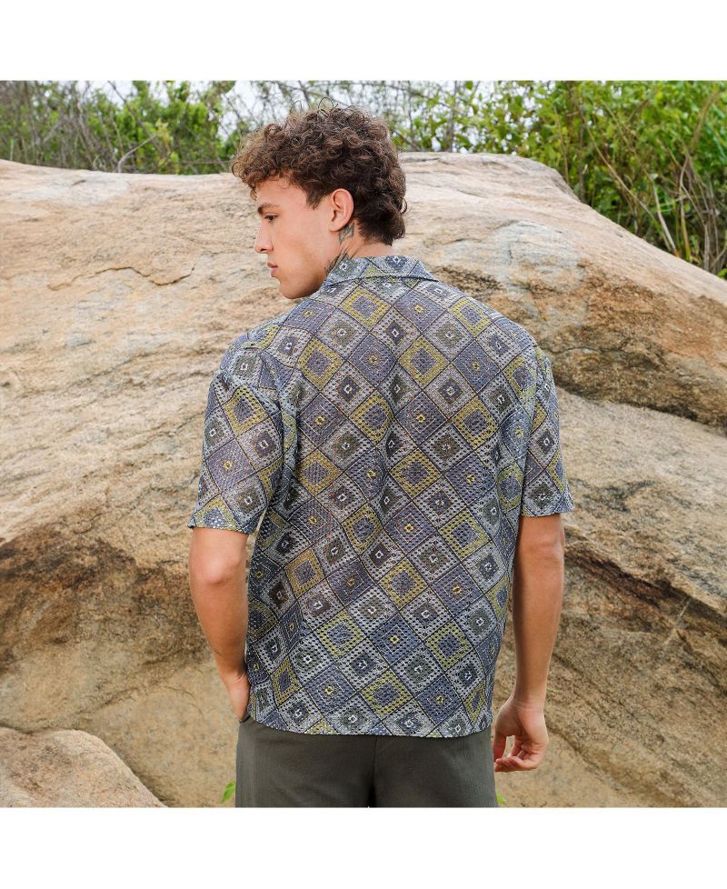 Men's Lapis Blue & Yellow Ochre Geometric Block Oversized Shirt