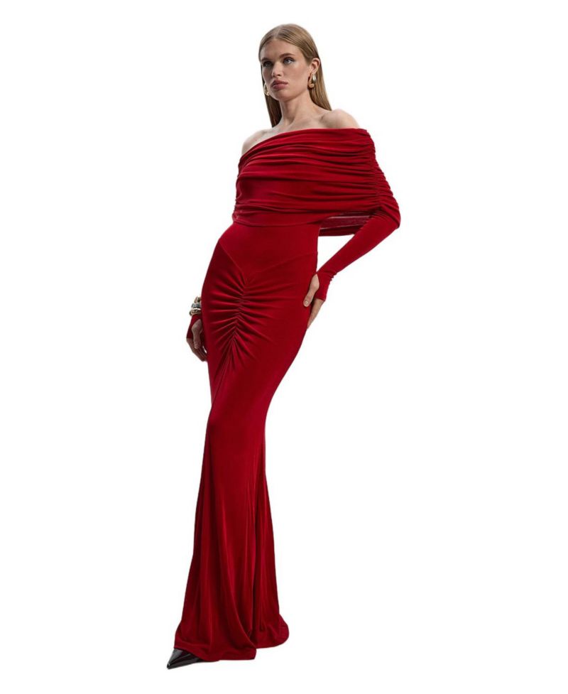 Women's Ruched Off Shoulder Fishtail Maxi Dress