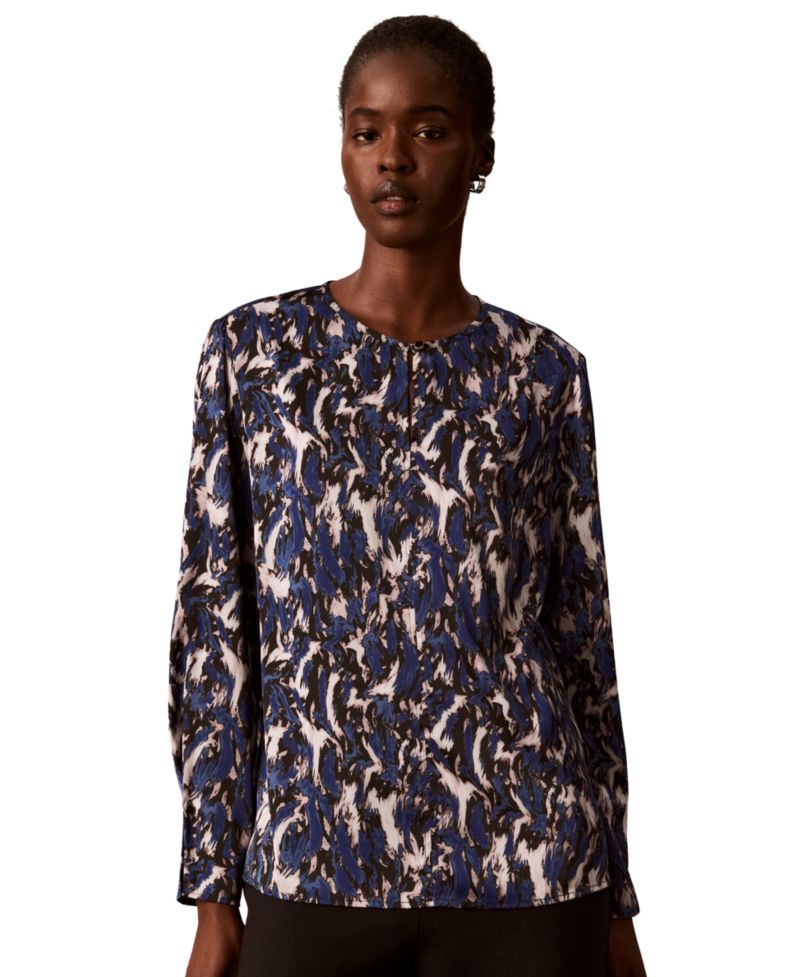 Women's Button-Front Long-Sleeve Crewneck Blouse
