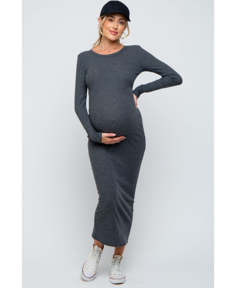 Women's Charcoal Ribbed Fitted Long Sleeve Midi Dress