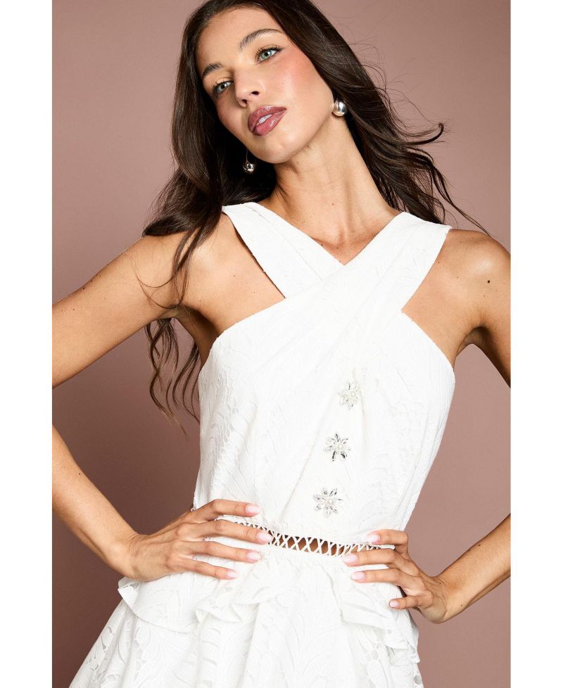 Women's Tiered Lace Halter Neck Midi Dress