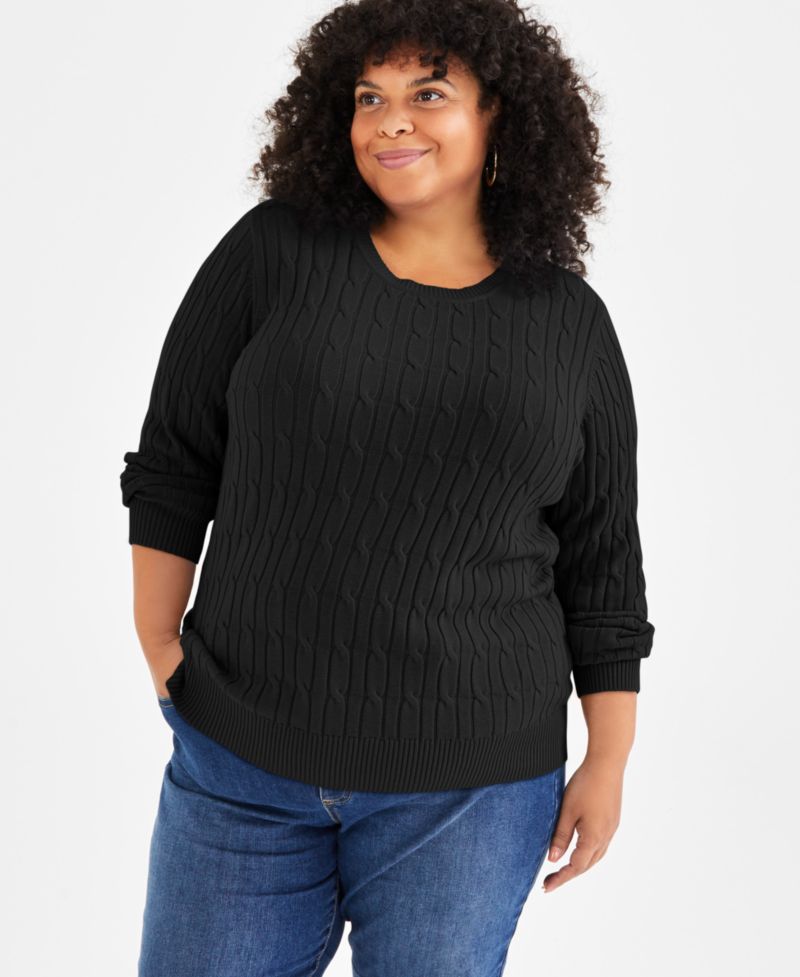 Petite Cotton Cable-Knit Crewneck Sweater