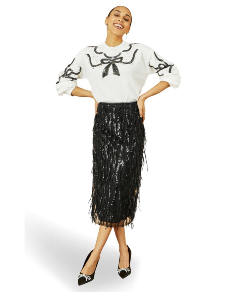 Women's Hanging Sequin Fitted Midi Skirt