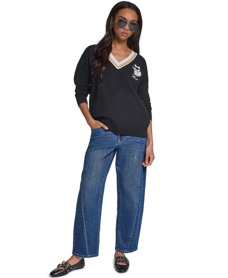 Women's Karl Patches Long-Sleeve Graphic-Patch V-Neck Sweater