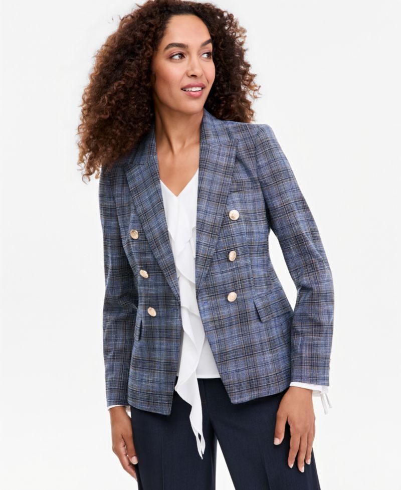 ASL Petite Plaid Double-Breasted Blazer