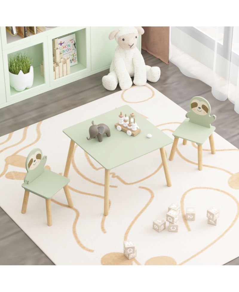 Kids Table and Chair Set, with 2 Cute Sloth Chairs, Wood Activity Tables Drawing Play Table Set, for Age 2-6 Boy Girl