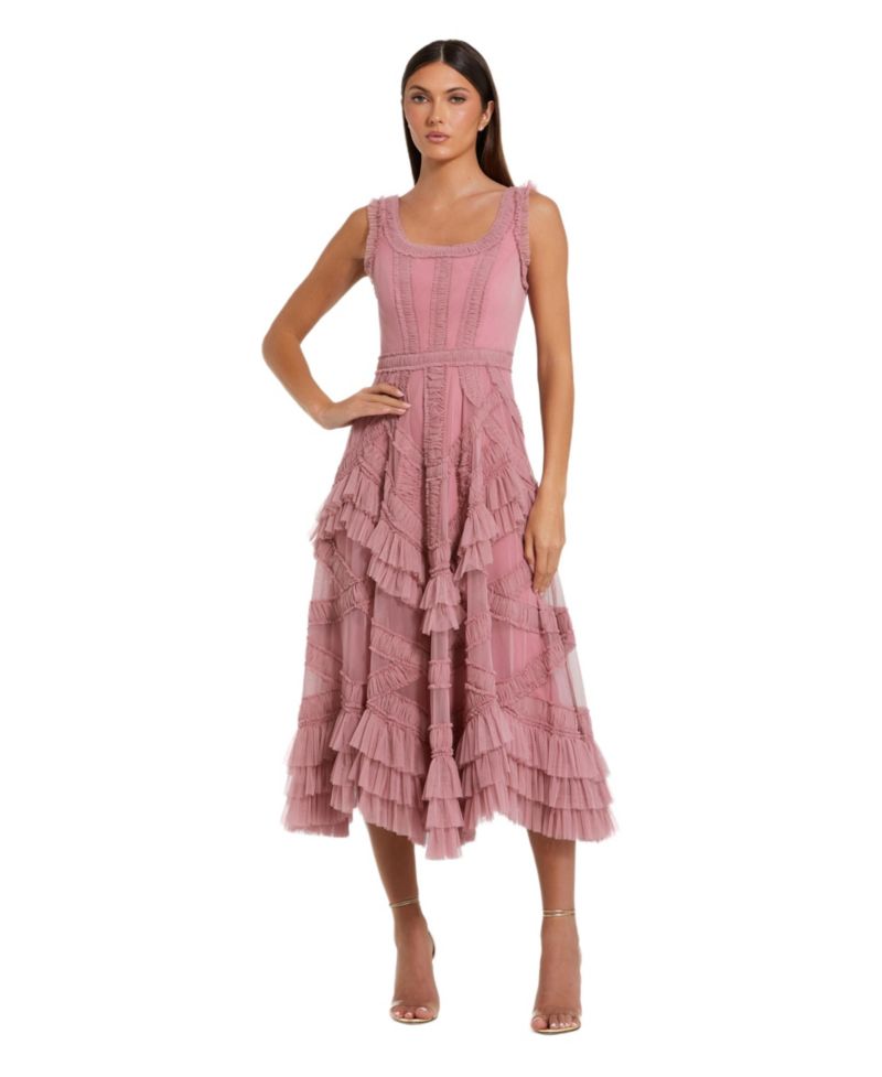 Women's Scoop Neck Sleeveless Mesh Micro Ruffle Midi Dress
