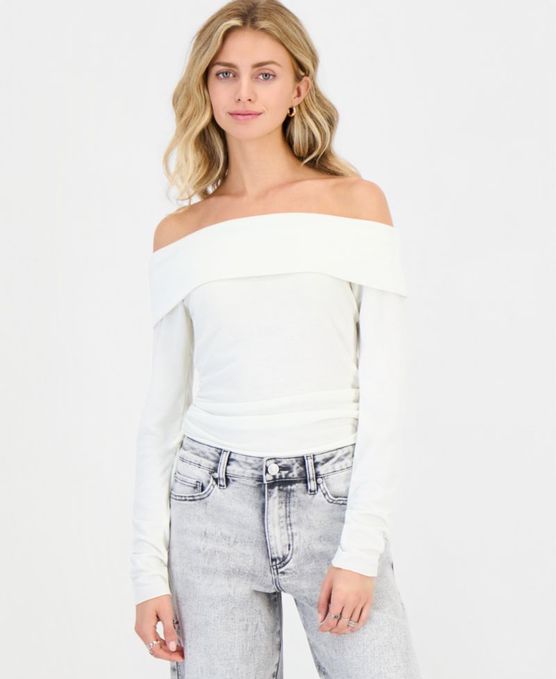 Juniors' Foldover Side Cinch Long-Sleeve Top