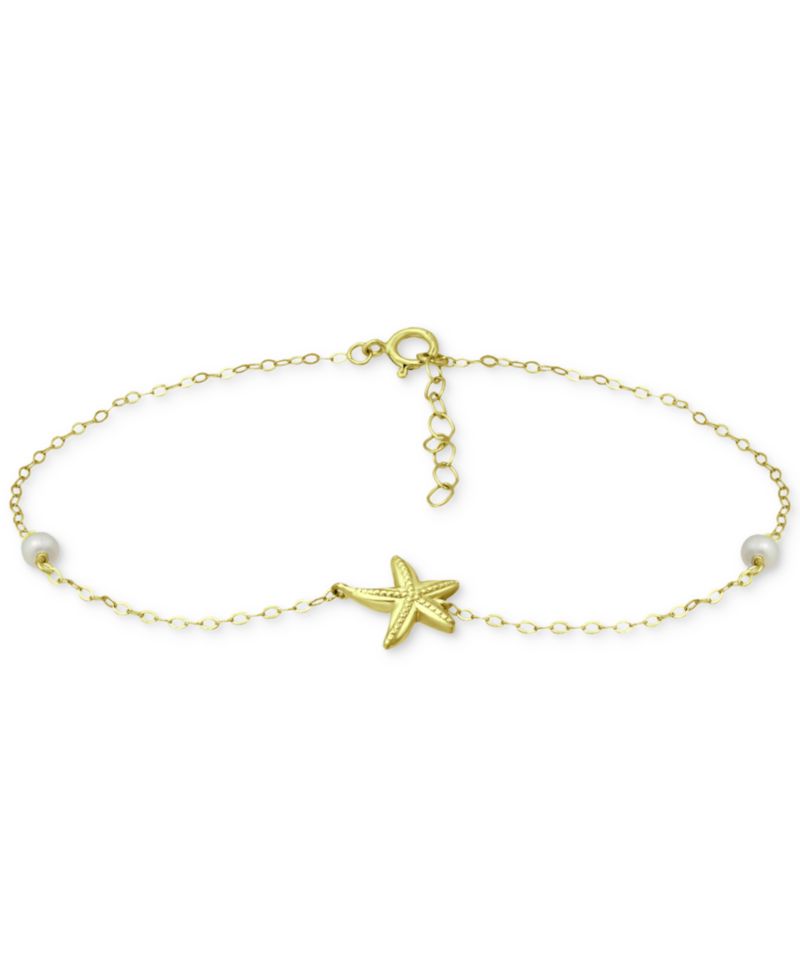Cultured Freshwater Pearl (4mm) & Starfish Ankle Bracelet in 18k Gold-Plated Sterling Silver