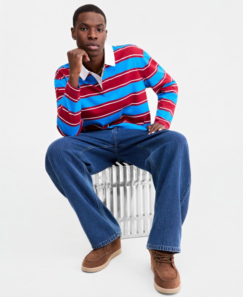 Men's Striped Rugby Long Sleeve Relaxed-Fit Cotton Polo Shirt