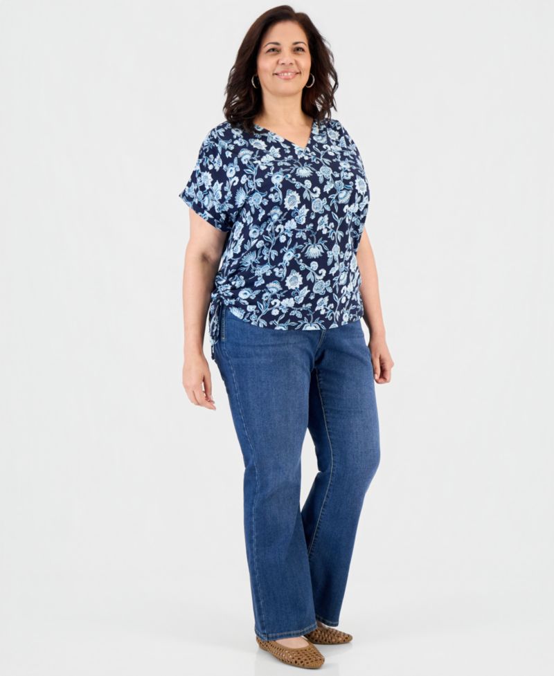 Petite Ruched Tie Fresh Paisley Print V-Neck Top