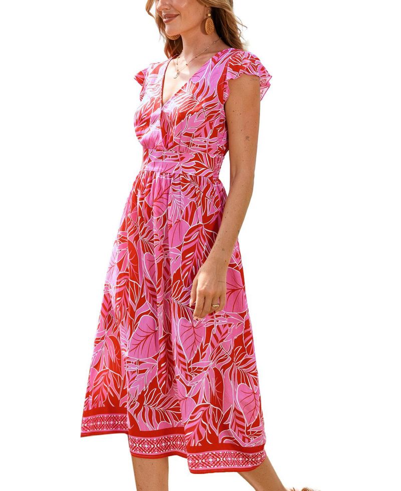 Women's Printed V-Neck Flutter Sleeve Beach Dress