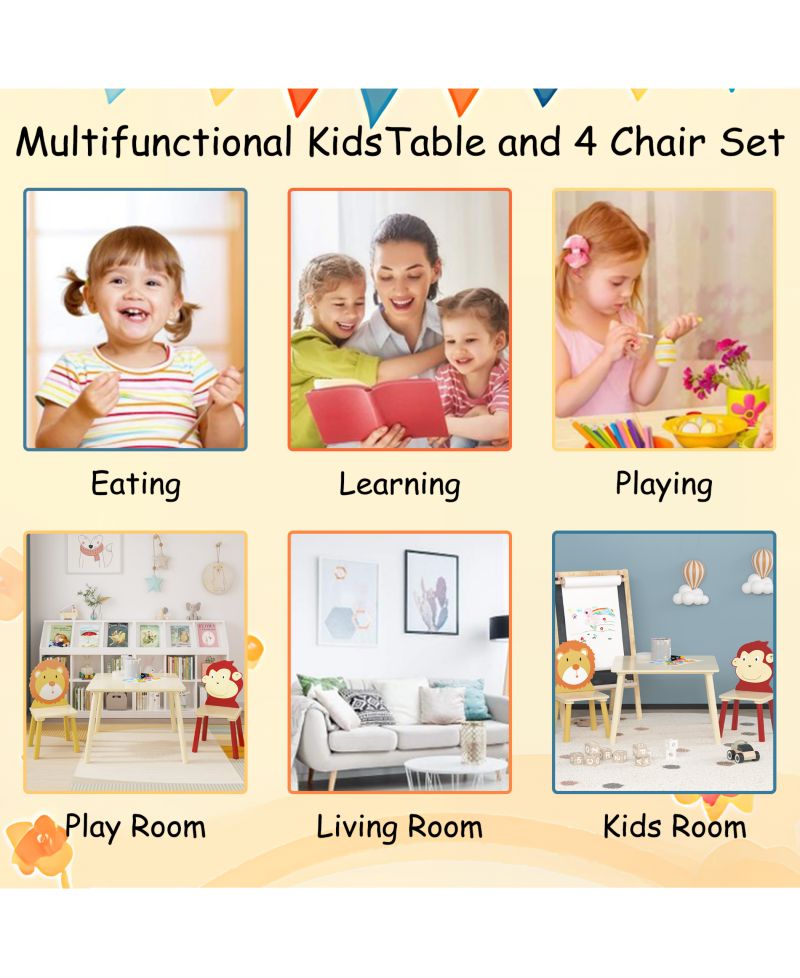 3 Piece Wood Table and Chair Set, w/ 2 LionandMonkey Animals Chairs, Wood Activity Tables Drawing Play Table Set, for Age 2-6 Boy Girl