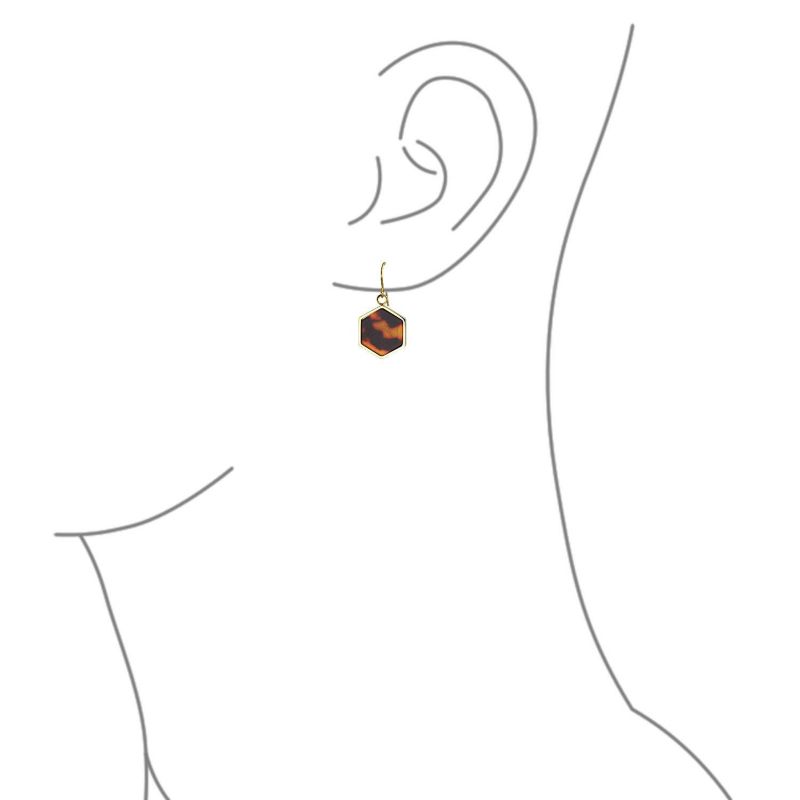 Hexagon Shape Faux Brown Tortoise-Shell Dangle Drop Earrings Gold Tone