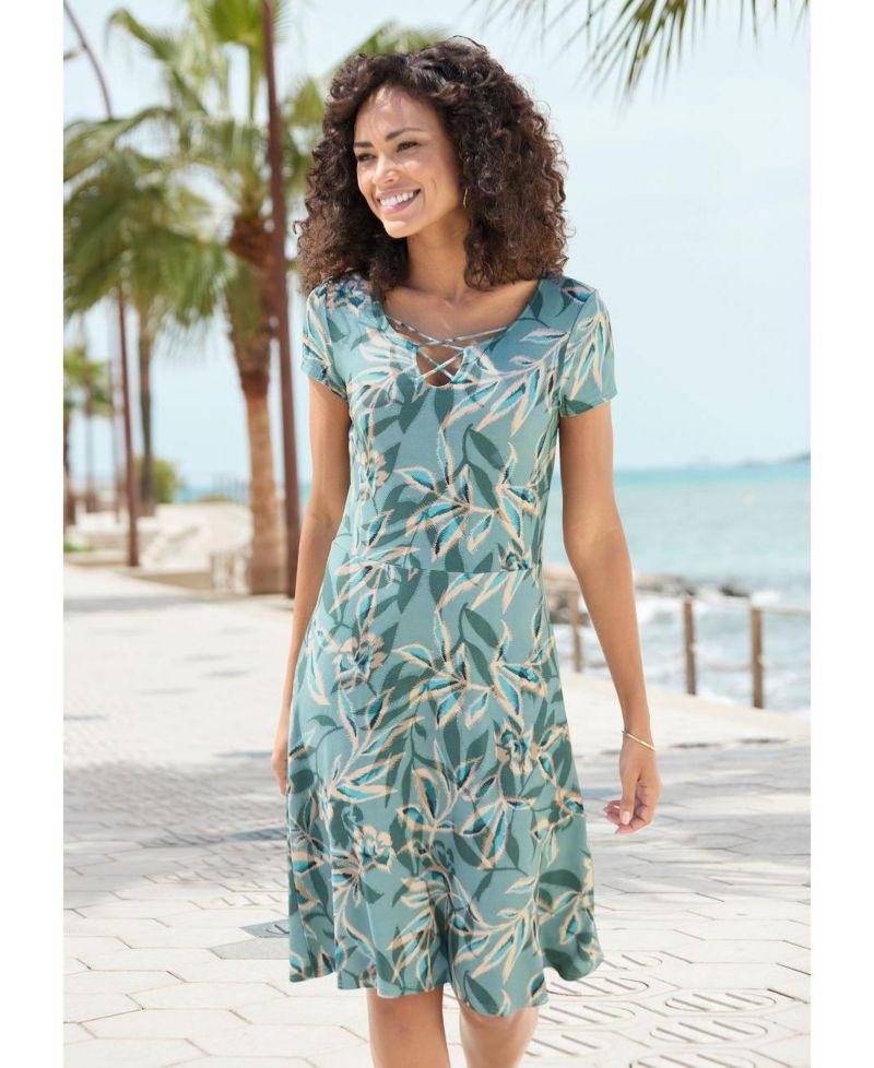 Women's Viscose Tropical Print Lace Up Detail A-Line Short Dress