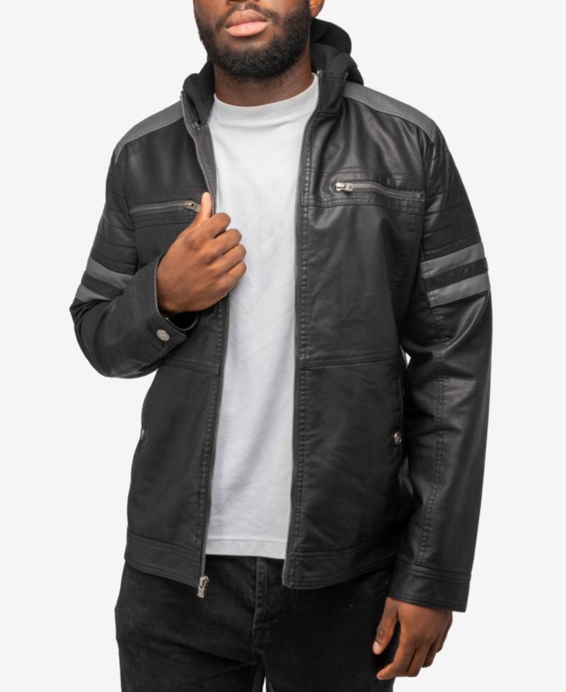 XRAY Men's Grainy PU Leather Hooded Jacket With Faux Shearling Lining