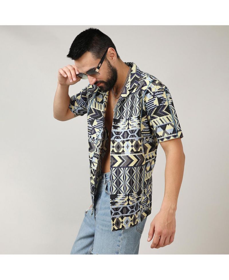 Men's Sky Blue & Lemon Yellow Bohemian Shirt