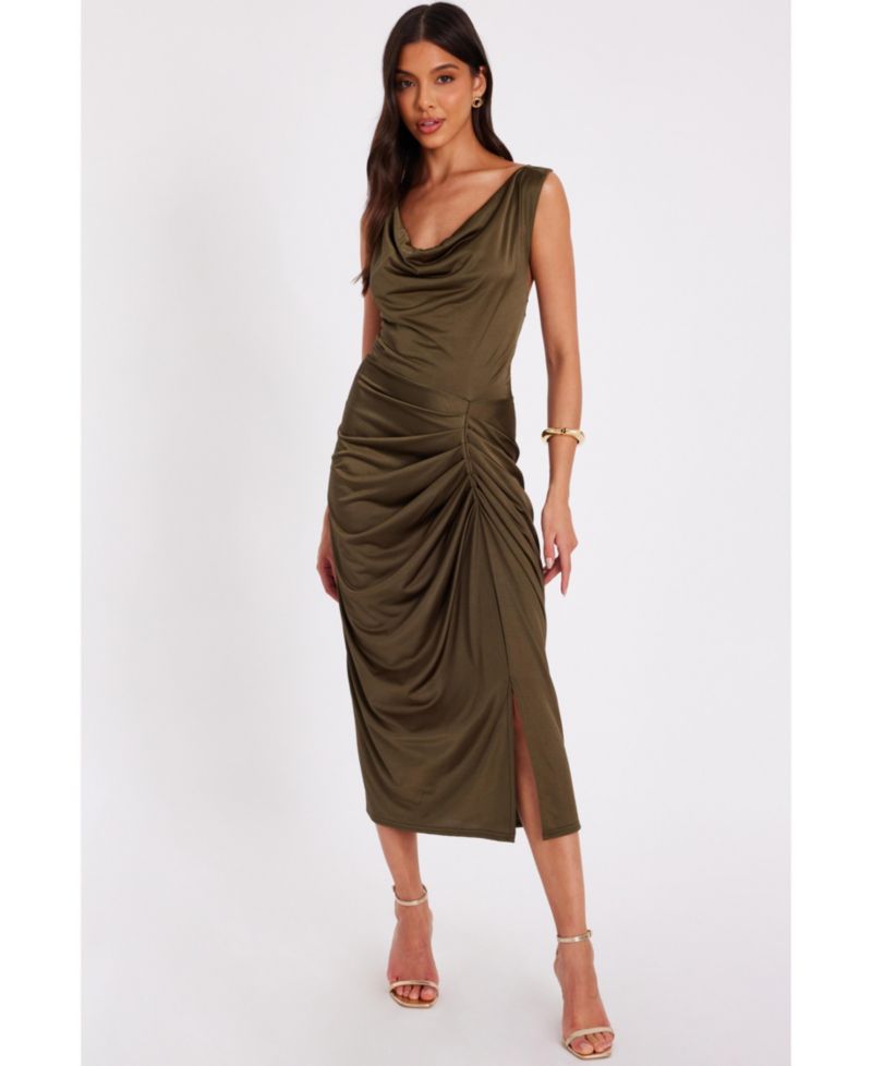 Women's Cowl Neck Ruched Hardware Midi Dress