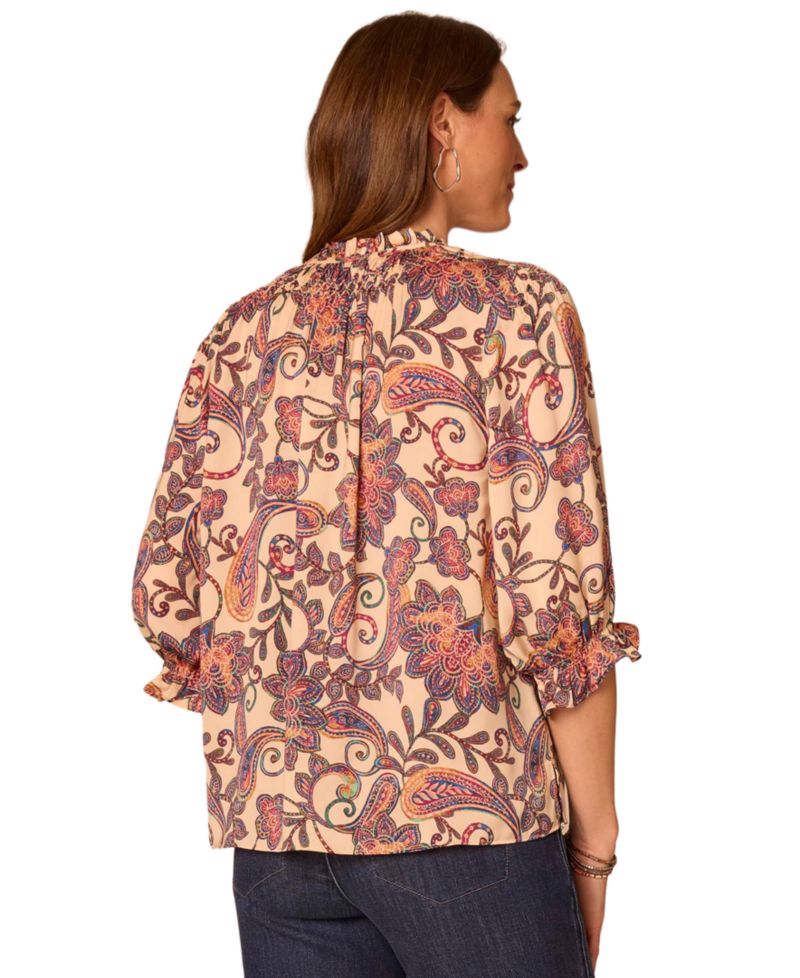 Petite Floral-Print Split Neck Peasant 3/4-Sleeve Blouse