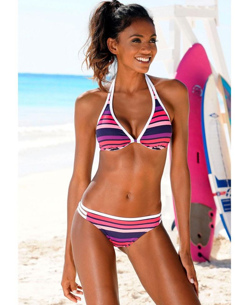 Women's Striped Removable Pads Halter-Neck Underwire Bikini Top