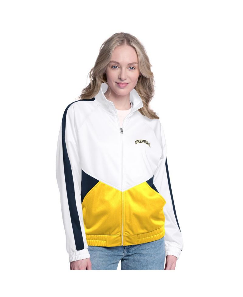 Women's White/Navy Milwaukee Brewers Rally Rhinestone Raglan Full-Zip Track Jacket