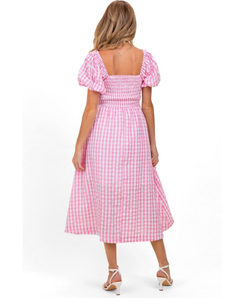 Women's Pink Gingham Puff Sleeve Midi Dress