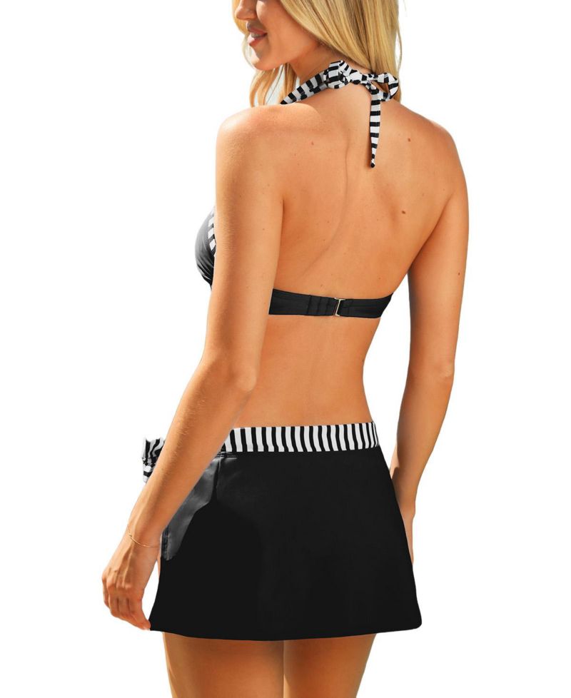 Women's Striped Bikini Set with Cover Up Swim Skirt
