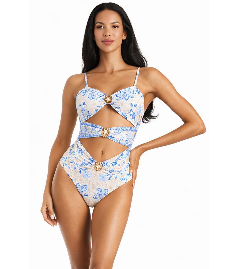 Women's Blue Floral Cut-Out One Piece Swimsuit - Elegant Resort Swimwear