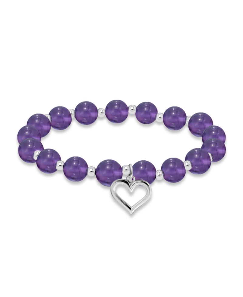 Silver-Plated Beaded Heart Charm Stretch Bracelet