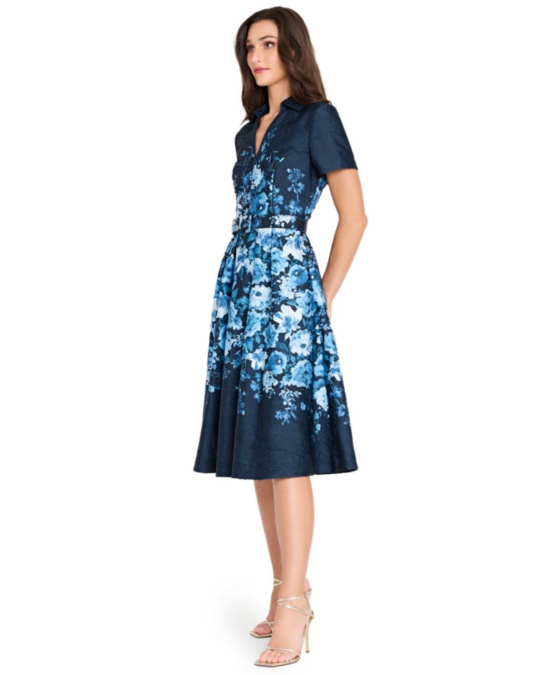 Women's Belted Floral-Print V-Neck Midi Dress