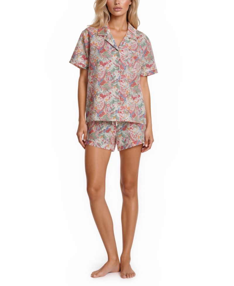 Women's Iconic Print Notch Collar Shirt and Pajama Shorts, 2-Piece Set