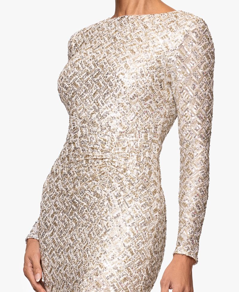 Petite Allover-Sequin Boat-Neck Long-Sleeve Dress