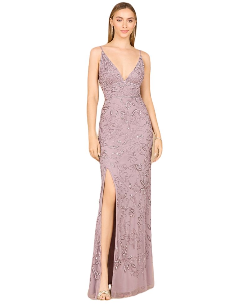 Women's Embellished Gown with Slit And Spaghetti Straps - OUTLET