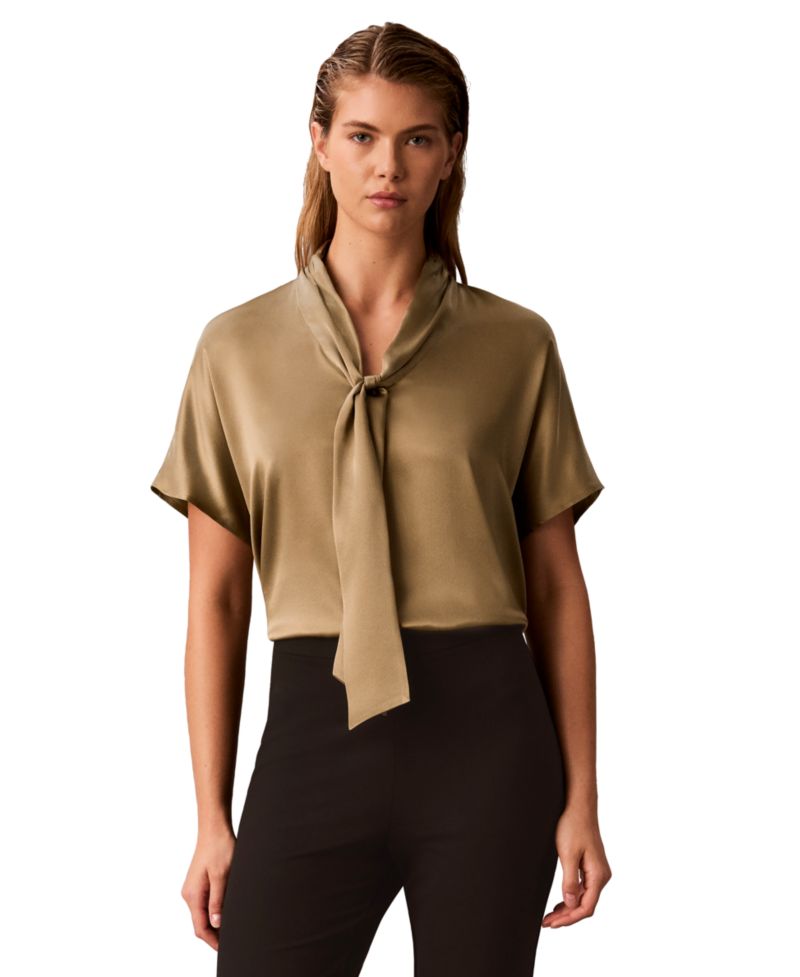 Women's Matte Satin Tie-Neck Blouse