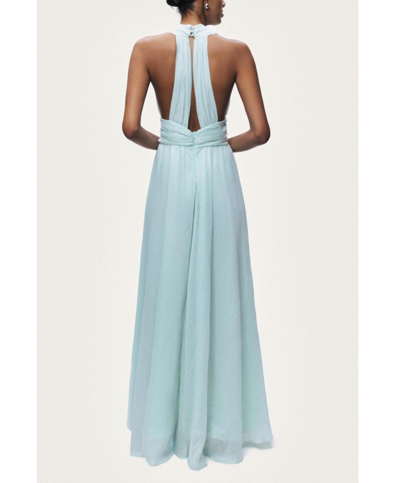 Women's Pleated Halterneck Maxi Dress with Brooch Detail