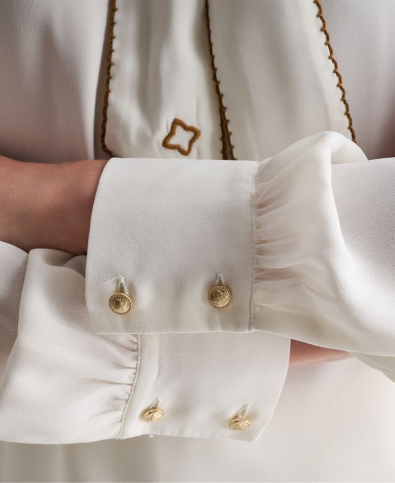 Women's Tie-Neck Embroidered Back-Keyhole Blouse