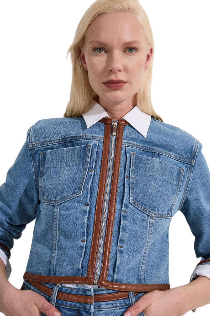 Women's Denim and Leather Collarless Jacket