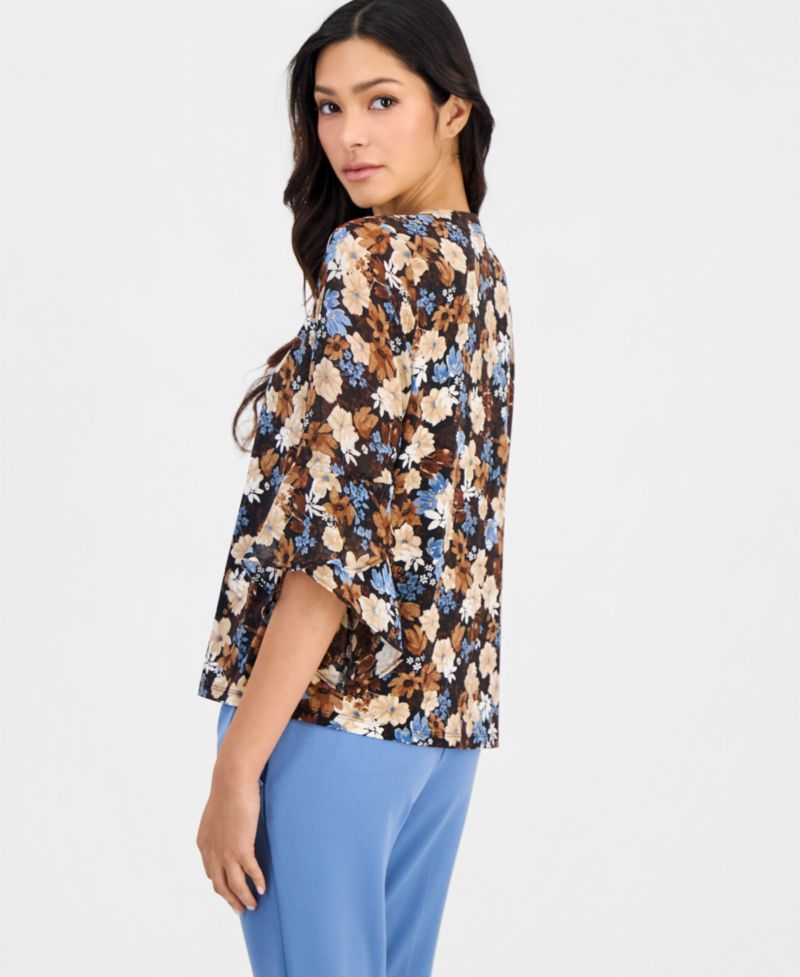 Petite Floral-Print Split-Neck Bell-Sleeve Top
