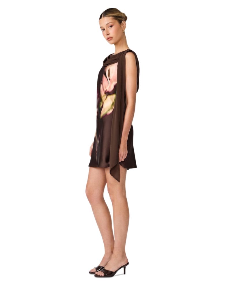 Mani Satin Floral Cowl-Neck Mini Dress