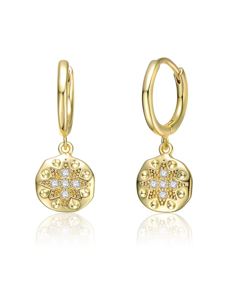 Dainty 14K Gold Plated CZ Starburst Hoop Drop Earrings