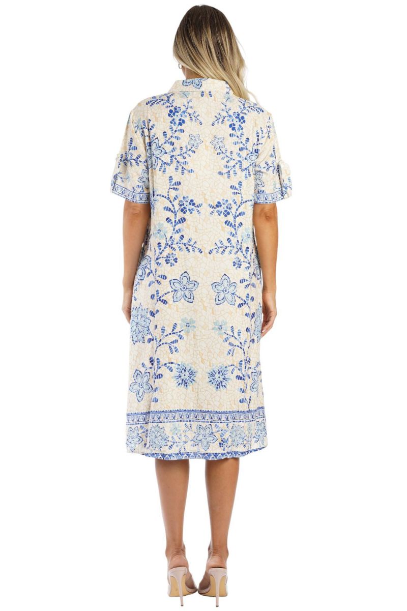 Women's Club Moda Blue Floral Button-Front Shirt Dress - Short Sleeve Midi Resort Wear Summer Vacation Dress